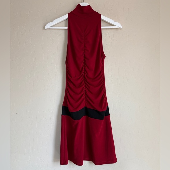 Y2K Frederick’s of Hollywood Mini Dress Mock Neck Red Ruched Sexy Form Fitting - Picture 1 of 6